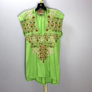 Johnny‎ Was Green Embroidered Sleeveless Tunic Dress Boho Size M